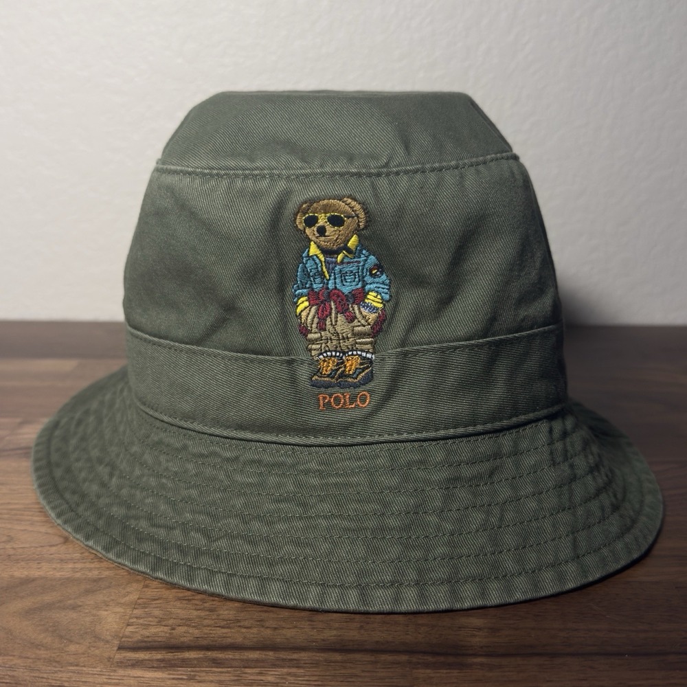 New Polo Ralph Lauren Bear Bucket Hat Size L/XL Olive Green Twill Embroidered